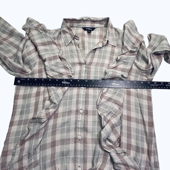 Express Ruffle Plaid Top Sz S Button Down Tie Hem Pink Gray Twee Coquette Girl - Picture 5 of 8